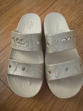 CROCS Women's Glitter Double-Strap Slide Sandals in Shimmering Silver